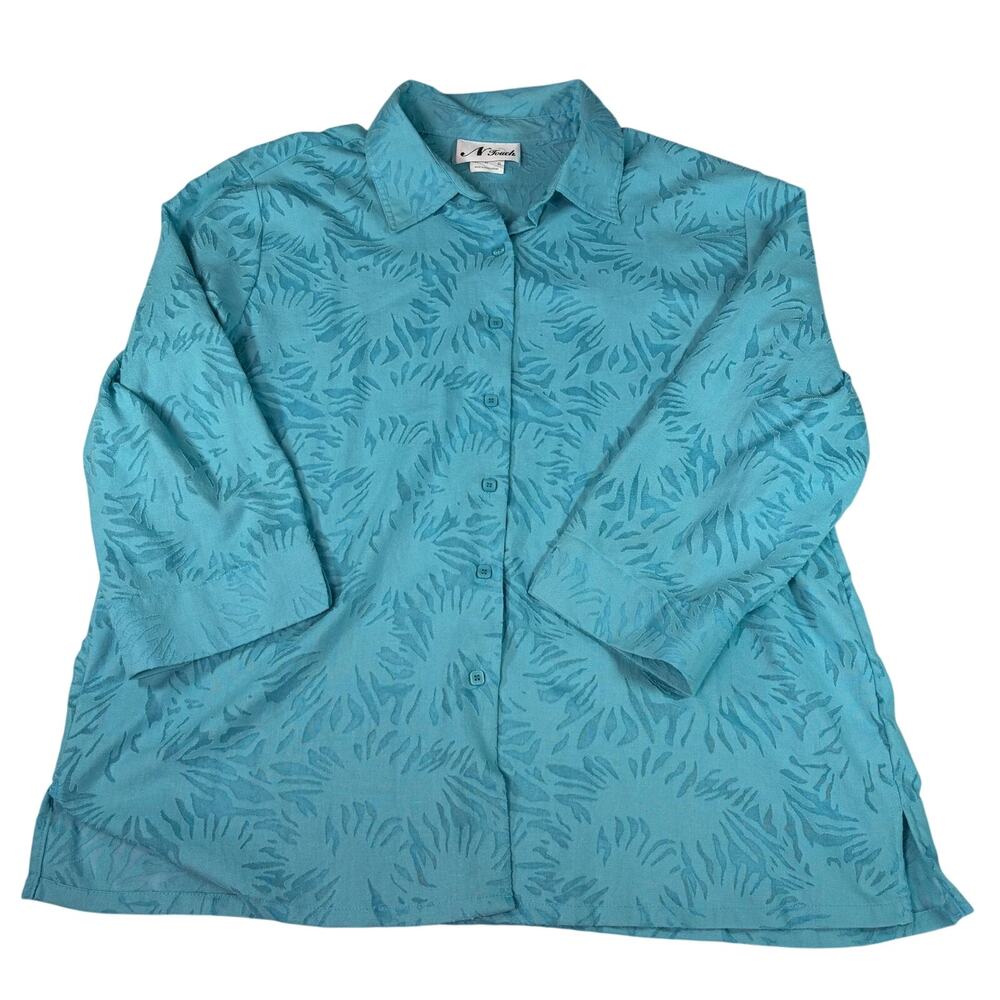 VTG Womens blue 3/4 sleeve blouse, Sheer design. Size XL. resort, vacation, 80s.
